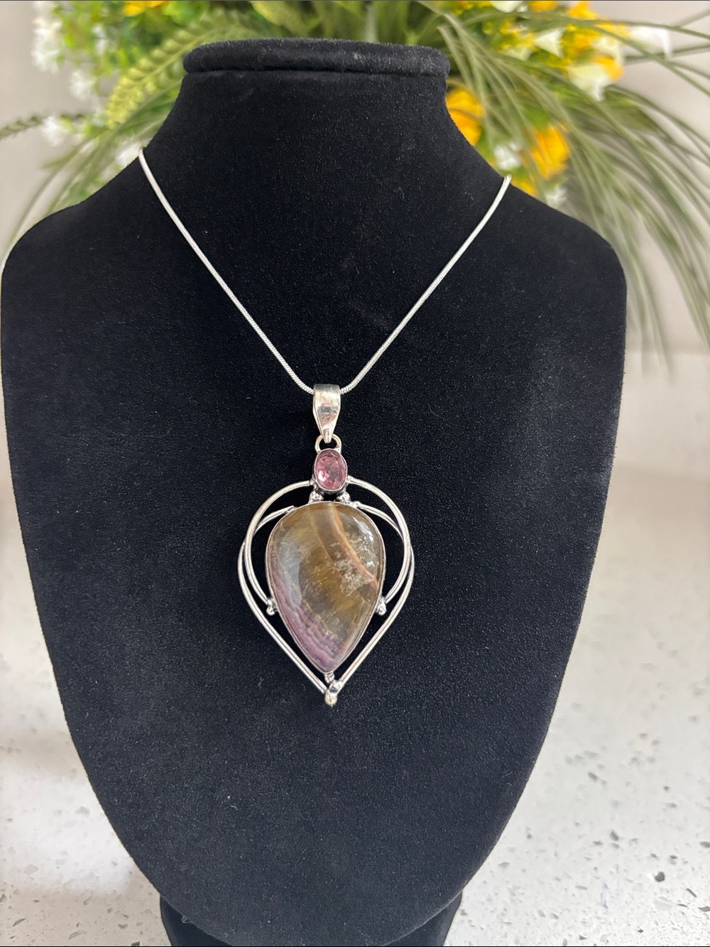 Fluorite & Amethyst Ethnic Artisan Handcrafted Gemstone Pendant Necklace